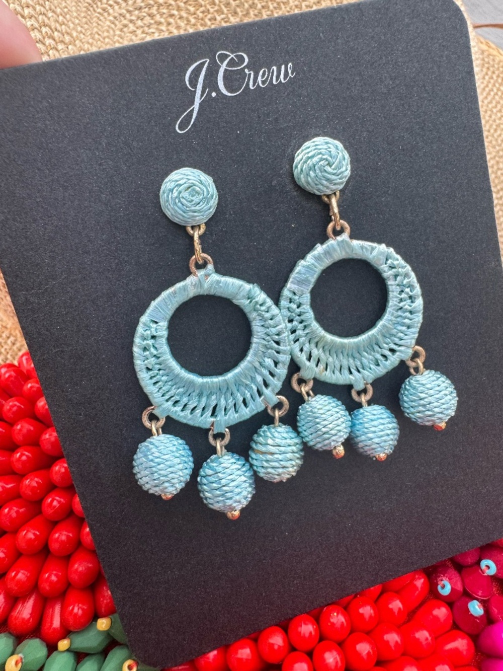 J.Crew Monaco Blue Raffia-Wrapped Triple Drop Statement Earrings AQ979 NWT
